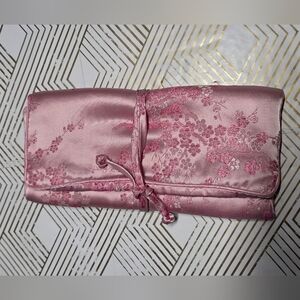 Chinese Pink Brocade Travel Jewelry Roll Case Cherry Blossoms. Zippered Pouches